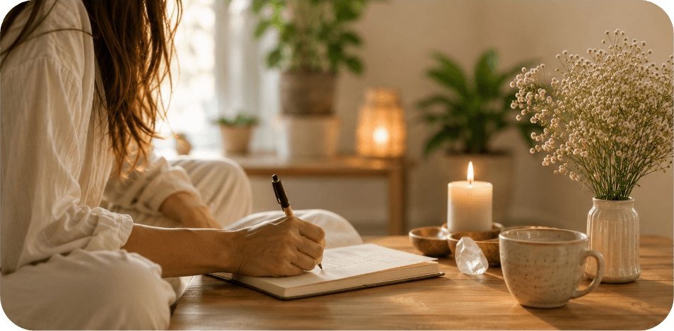 Iemand schrijft in een notitieboek aan tafel, naast een kaars en een kop thee